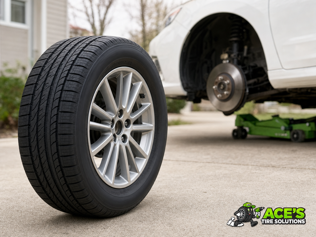 A three-quarter view making a single relevant tire or wheel the subject, with the surroundings softly out of focus — tire replacement and installation.