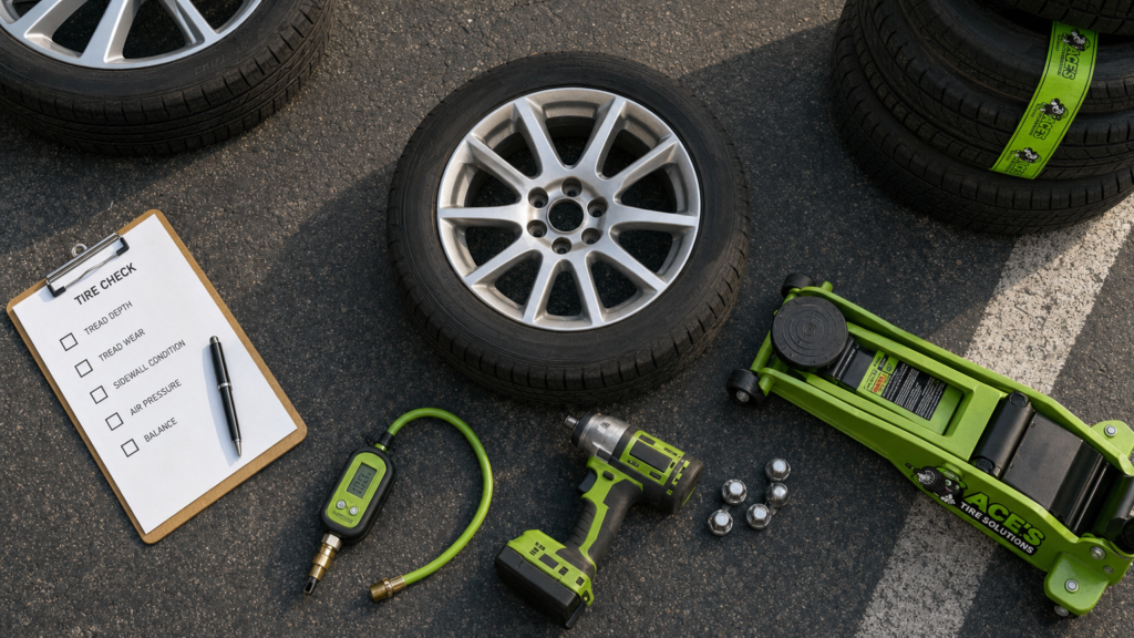 A top-down view of the relevant tire, wheel or tools, arranged around the article’s practical question — assessing tire condition and considering tire-service options.