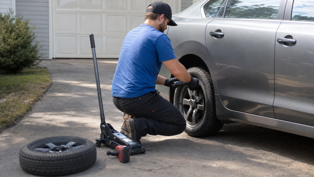 Mobile tire repair technician working on a car tire in a driveway