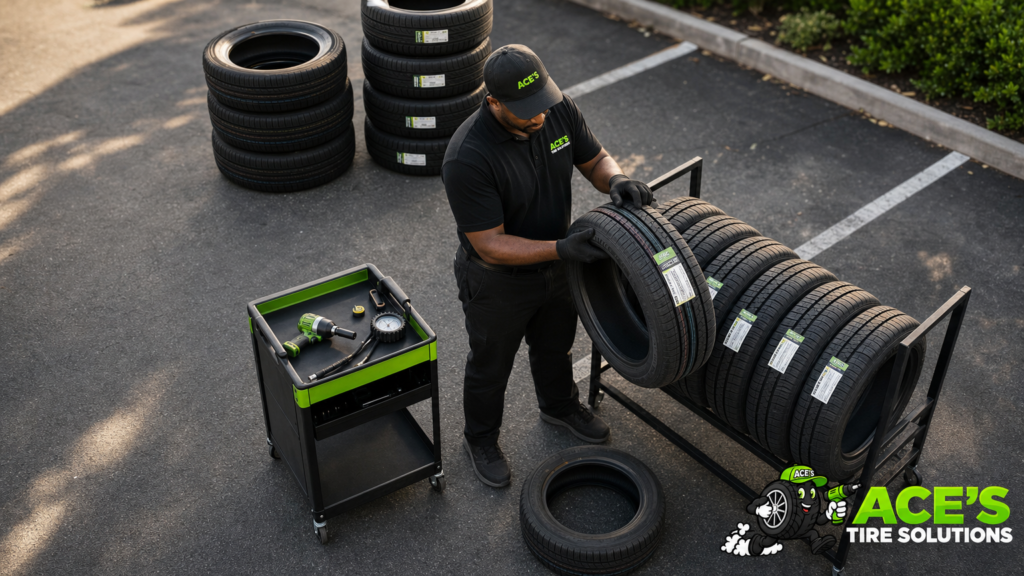 An elevated view of relevant tires or equipment being prepared for the task — assessing tire condition and considering tire-service options.