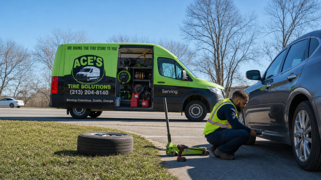 Mobile tire technician repairing a tire at a customer's vehicle on-site