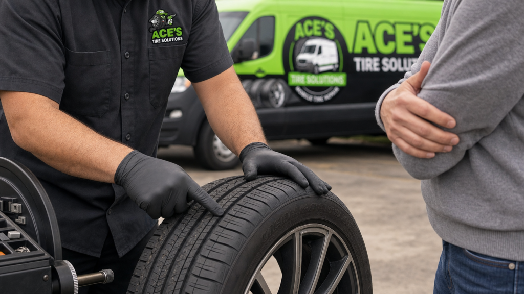 A waist-level view of hands demonstrating a relevant tire detail to another person, with the tire as the focal point and faces outside the frame — tire rotation and wheel balancing.