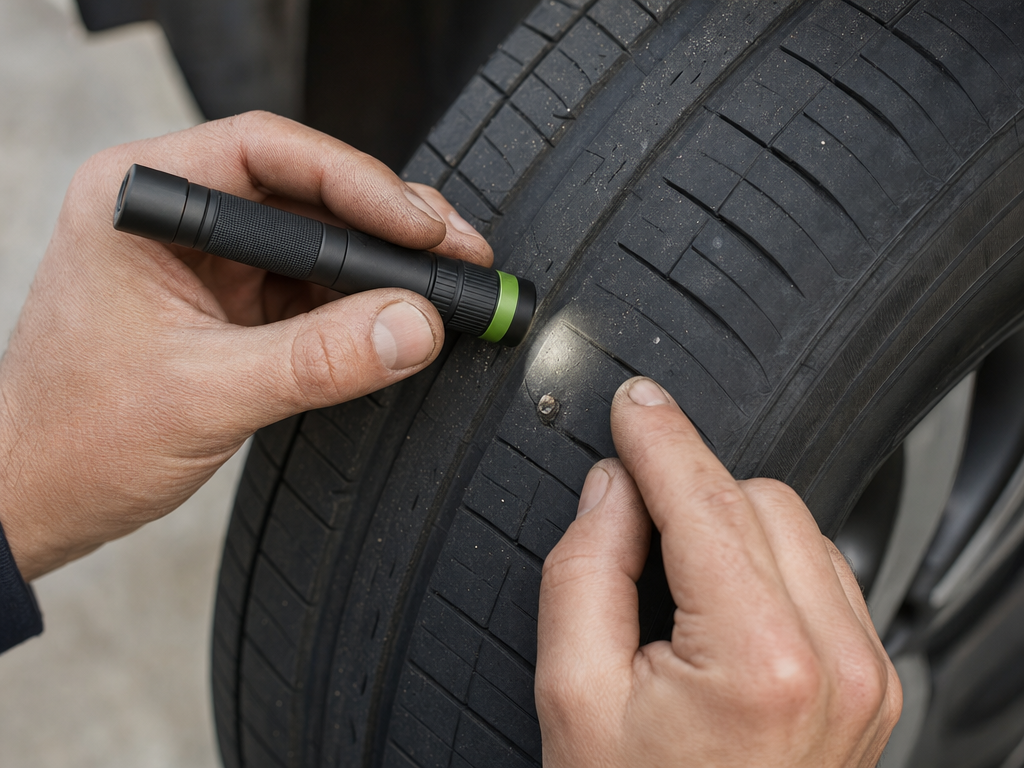 Technician inspecting a tire puncture to determine if it can be repaired