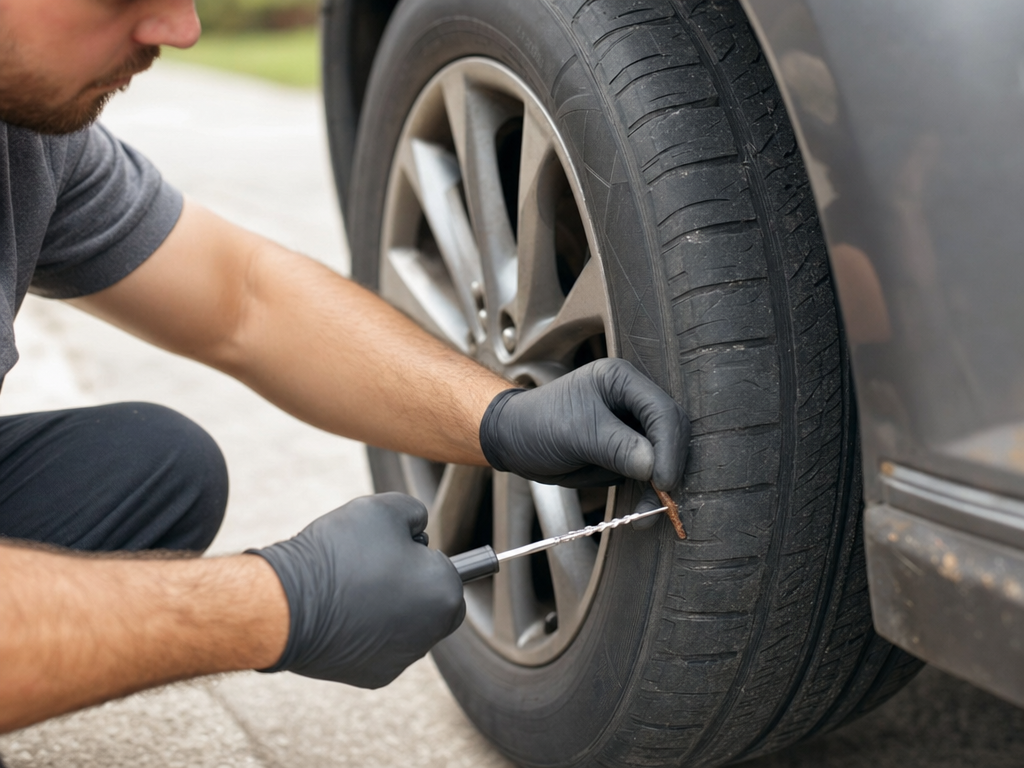 Technician repairing a punctured tire using a mobile tire repair kit
