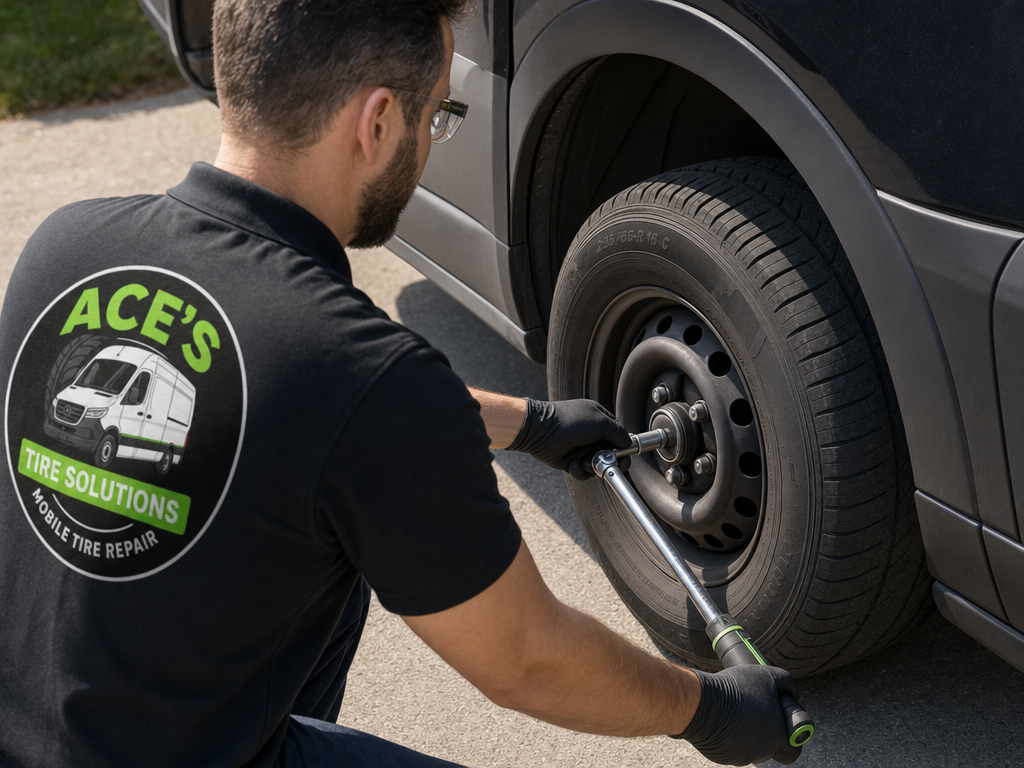 An over-the-shoulder view of a relevant tire assessment, with the working area in focus rather than a posed technician — the tire-service subject described by the article.